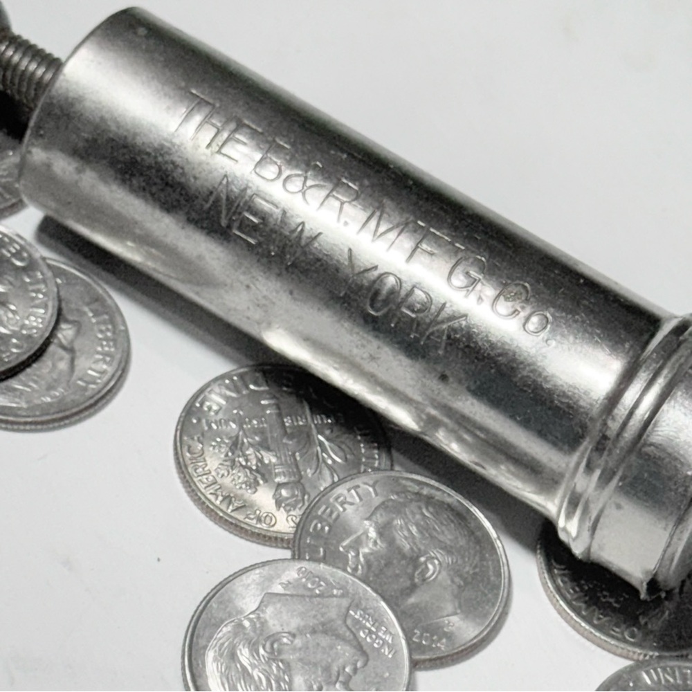 Vintage B&R MFG. CO. New York Dime Coin Bank Tube Holder Metal Screw Dispenser